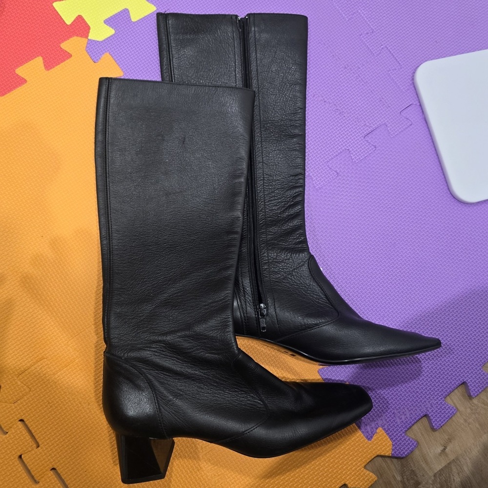 MNG Mango Black‎ Leather Knee High Boots Square Toe Block Heel Made in Spain...